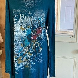 New boutique open front graphic back design top dark turquoise layering piece